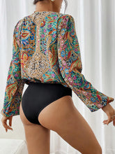 Women's V-Neck Lantern Sleeve Casual Loose Bodysuit With Paisley Print, Vacation